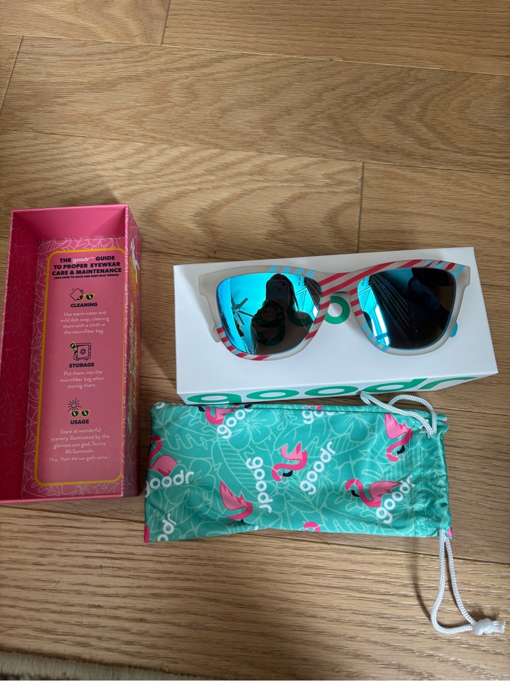 Goodr Sunglasses - Blue Mirror Lenses with Cream & Red Striped Frame - Picture 2 of 3